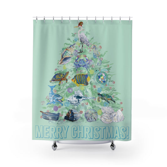 Sea Side Christmas Tree Shower Curtains - Blue Cava