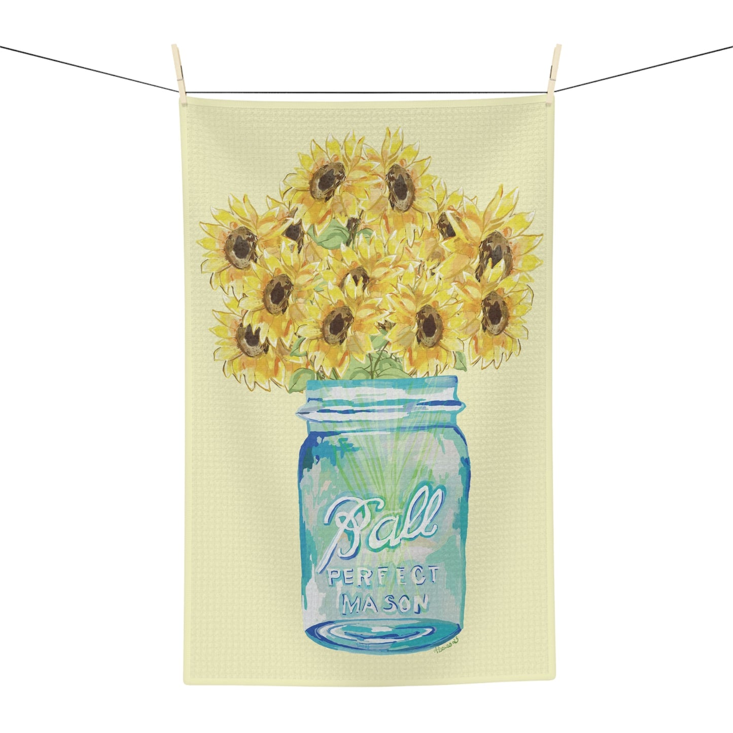 Sunflower Mason Jar Microfiber Waffle Towel - Blue Cava