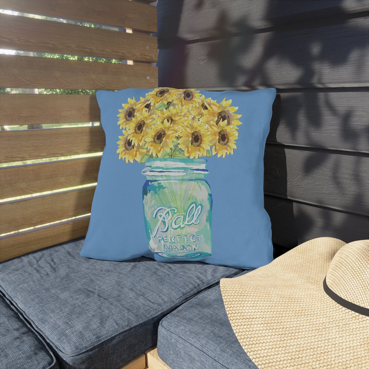 Sunflower Mason Jar Outdoor Pillows - Blue Cava