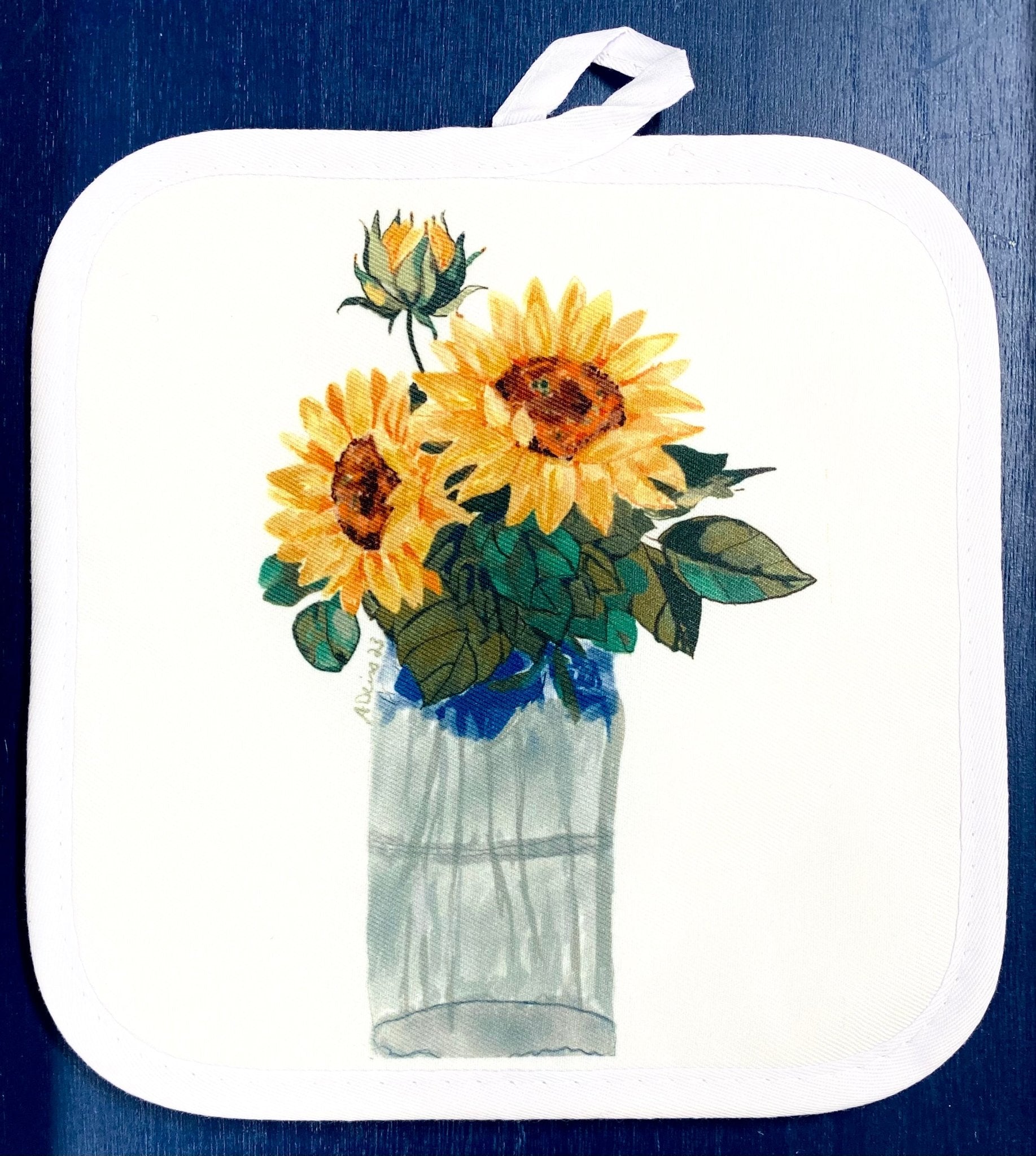 Sunflowers in Vase Pot Holder - Blue Cava