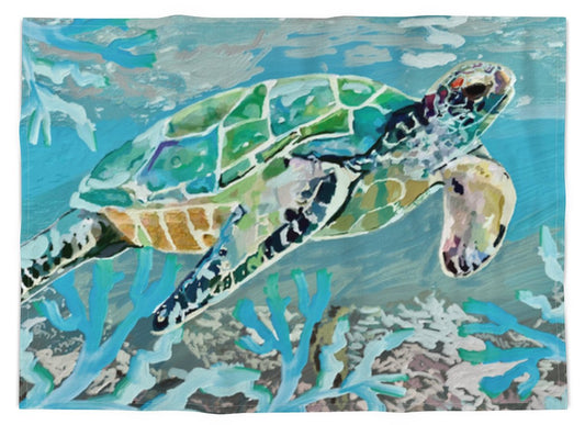 Underwater Turtle Linen Towel - Blue Cava